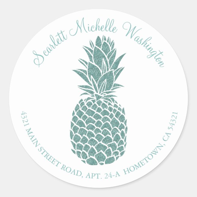 Girly Aquamarin Glitzer Ananas-Adresse Runder Aufkleber (Vorderseite)