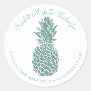 Girly Aquamarin Glitzer Ananas-Adresse Runder Aufkleber