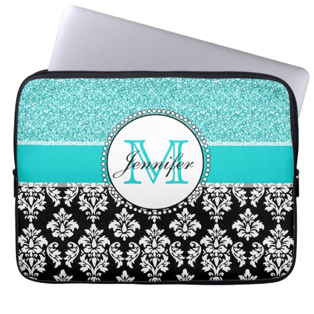 Girly, aquamarin, Glitzer-schwarzer Damast Laptopschutzhülle (Vorderseite)