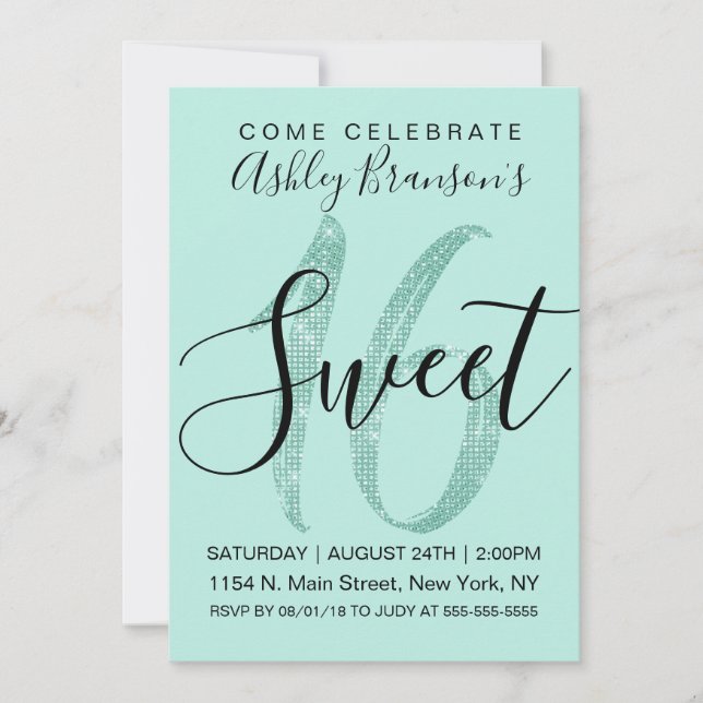 Girly Aquamarin Mint Green Sequin Glitzer Sweet 16 Einladung (Vorderseite)