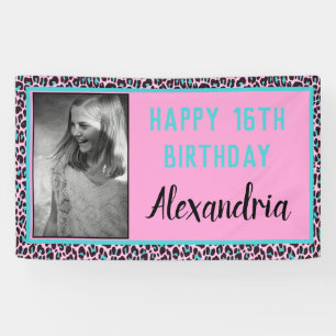 Girly Aquamarin/Pink Leopard Print Sweet 16 Geburt Banner