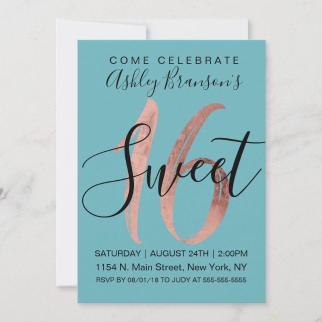 Girly Aquamarine Rose Goldene Foil Sweet 16 Einladung (Vorderseite)