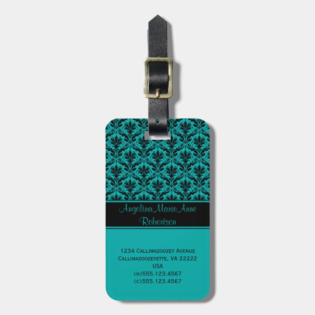 Girly aquamarine schwarze Damast-Gepäck-Umbauten Gepäckanhänger (Vorderseite vertikal)