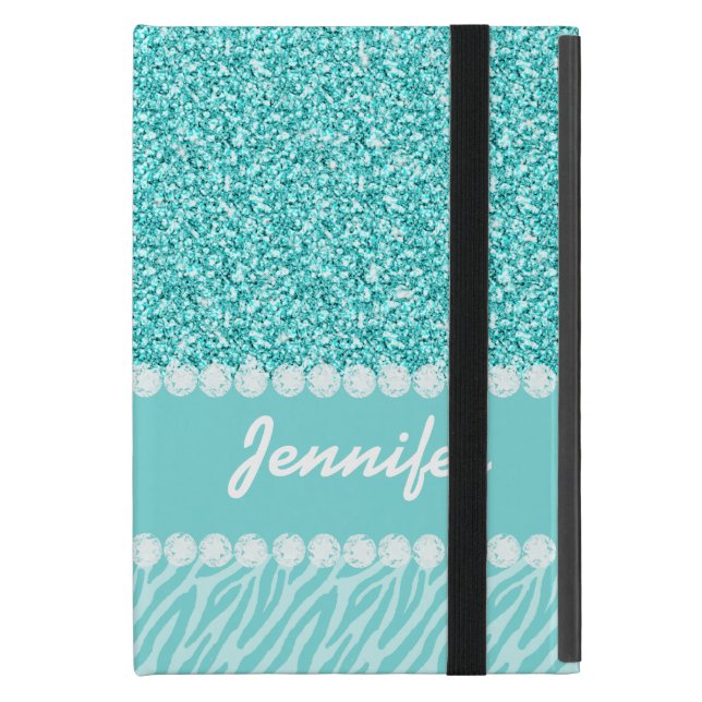 Girly, aquamariner Glitzer, Zebra Stripes Schutzhülle Fürs iPad Mini (Vorderseite Geschlossen)