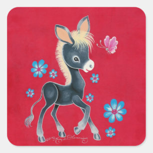 Girly-Baby-Donkey mit Blume Quadratischer Aufkleber