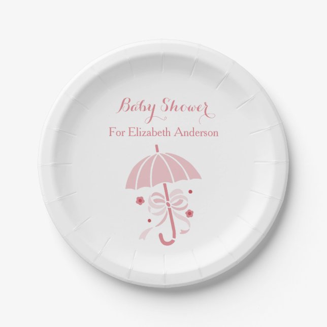 Girly Baby-Duschen-niedlicher rosa Regenschirm mit Pappteller (Vorderseite)