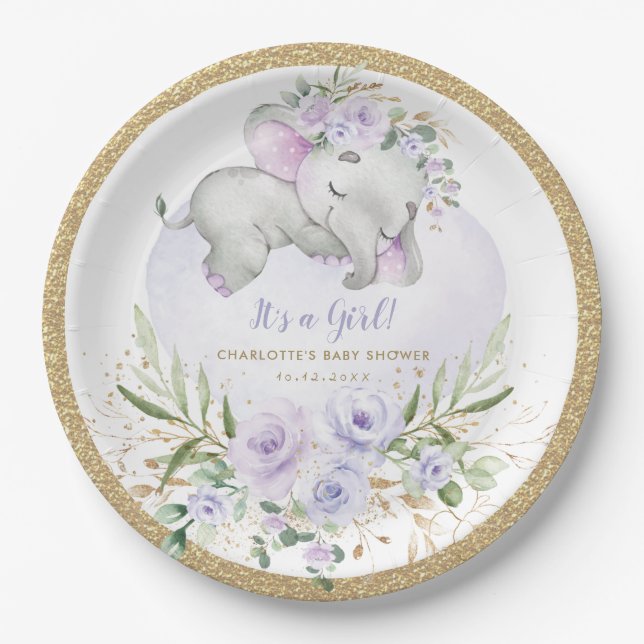 Girly Baby Elephant Lila Gold Floral Shower Pappteller (Vorderseite)