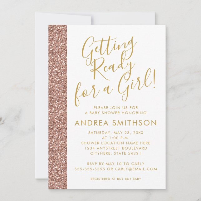 Girly Baby Shower Rose Gold Glitzer Einladung (Vorderseite)