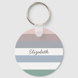 Girly Beige blaue weiße Streifen mit Namen Schlüsselanhänger