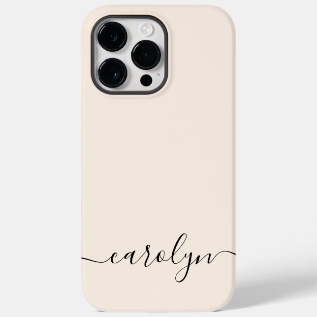 Girly Beige Monogram Modern Script Personalisiert Case-Mate iPhone 14 Pro Max Hülle (Rückseite)