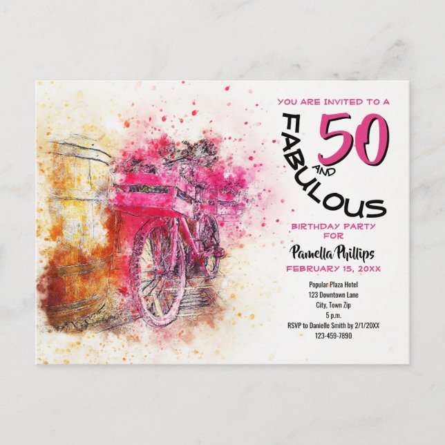 Girly Bicycle 50 und fabelhafte Einladung zum Gebu Postkarte (Vorderseite)