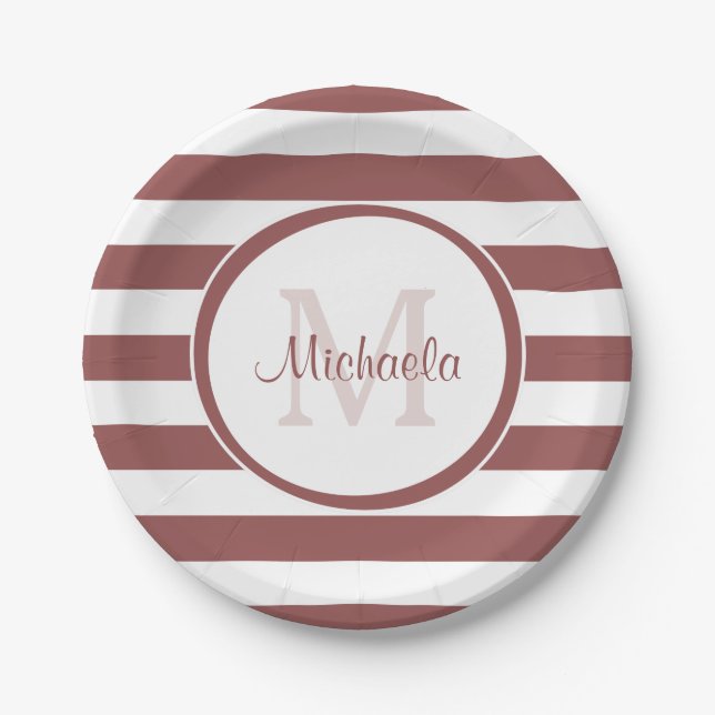 Girly Big Marsala Streifen mit Namen und Monogramm Pappteller (Vorderseite)