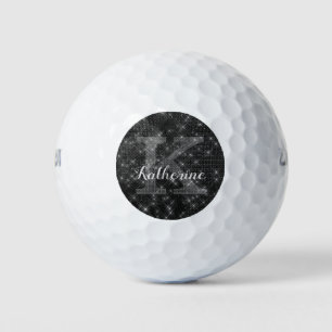 Girly Black Diamond Sparkle Cool Monogram Name Golfball