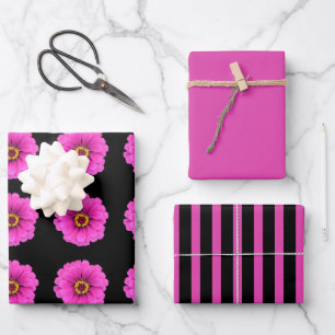 Girly Black Fuchsia Streifen und Blume Geschenkpapier Set