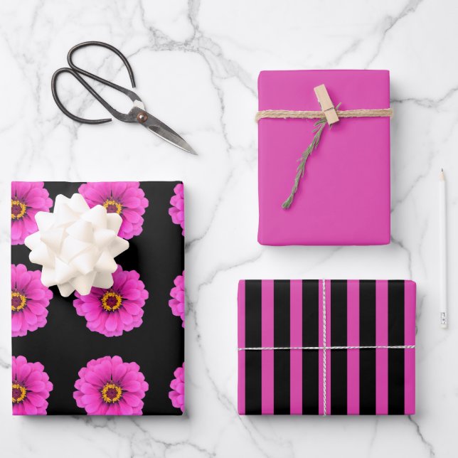 Girly Black Fuchsia Streifen und Blume Geschenkpapier Set (Vorderseite)