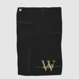 Girly Black Gold Elegante Monogram Name Script Gol Golfhandtuch