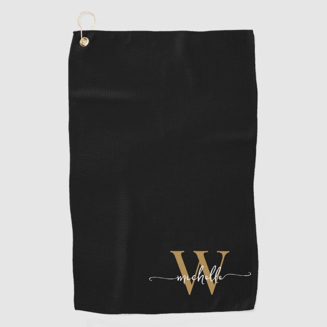 Girly Black Gold Elegante Monogram Name Script Gol Golfhandtuch (Vorderseite)