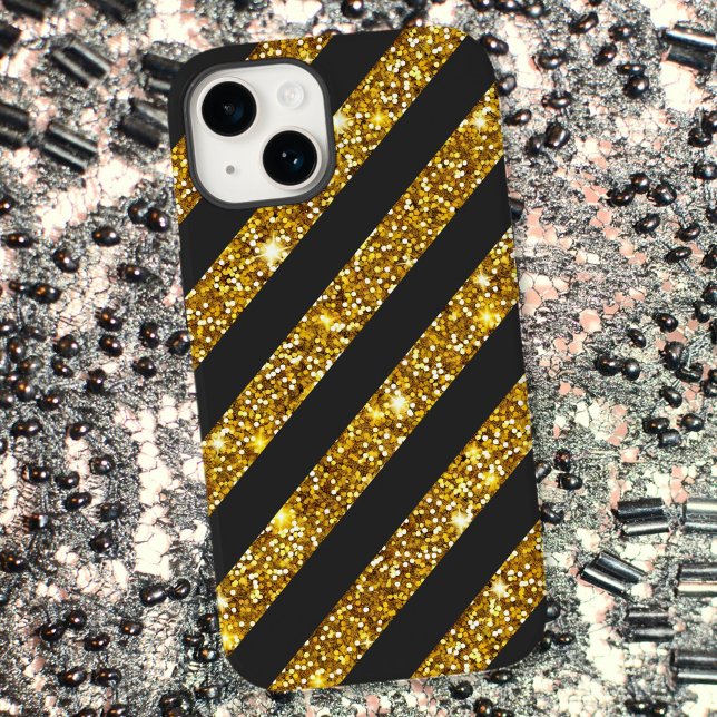 Girly Black Gold Glitzer Glitzern Stripmuster Case-Mate iPhone 14 Hülle (Von Creator hochgeladen)