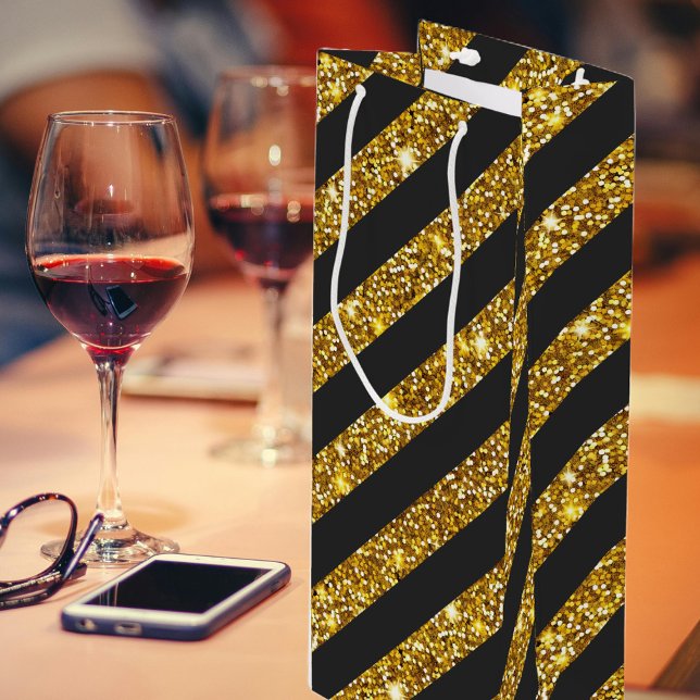 Girly Black Gold Glitzer Glitzern Stripmuster Geschenktüte Für Weinflaschen (Von Creator hochgeladen)