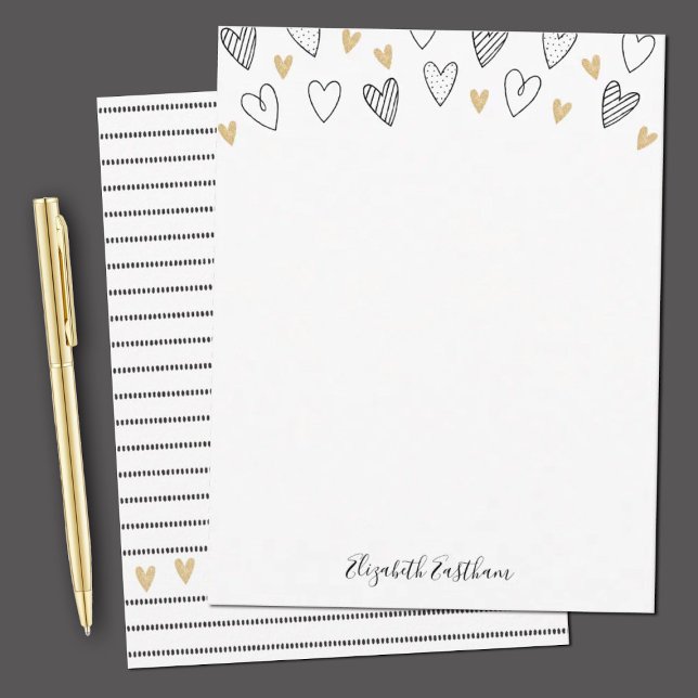 Girly Black Gold Heart Feminine Script Mitteilungskarte (Elegant black and gold note card stationery with hearts and stripes. Personalize it with your name.)