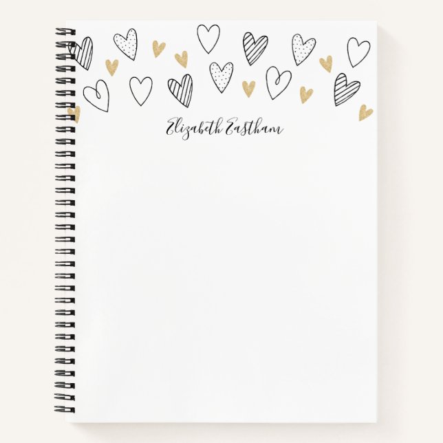 Girly Black Gold Heart Feminine Script Notizbuch (Vorderseite)