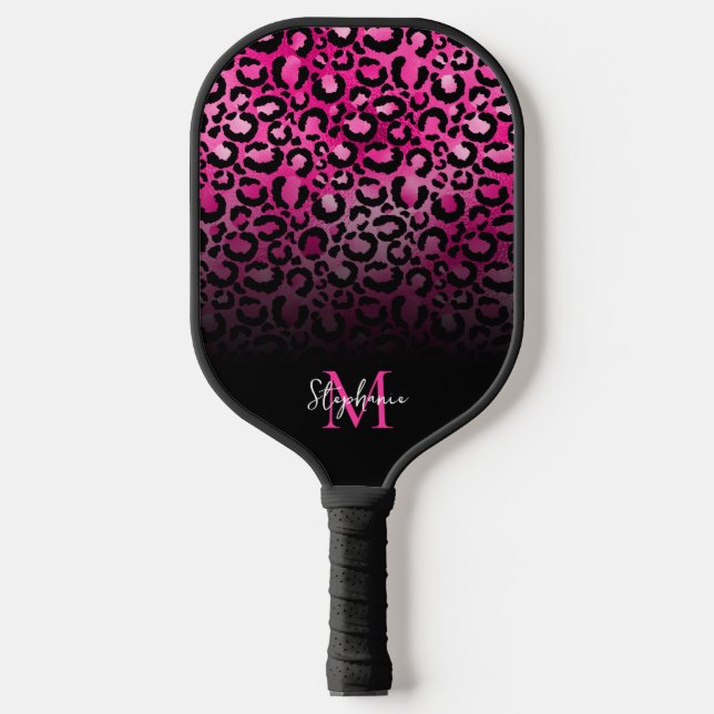 Girly Black Hot Pink Leopard Ombre Monogram Pickleball Schläger (Vorderseite)
