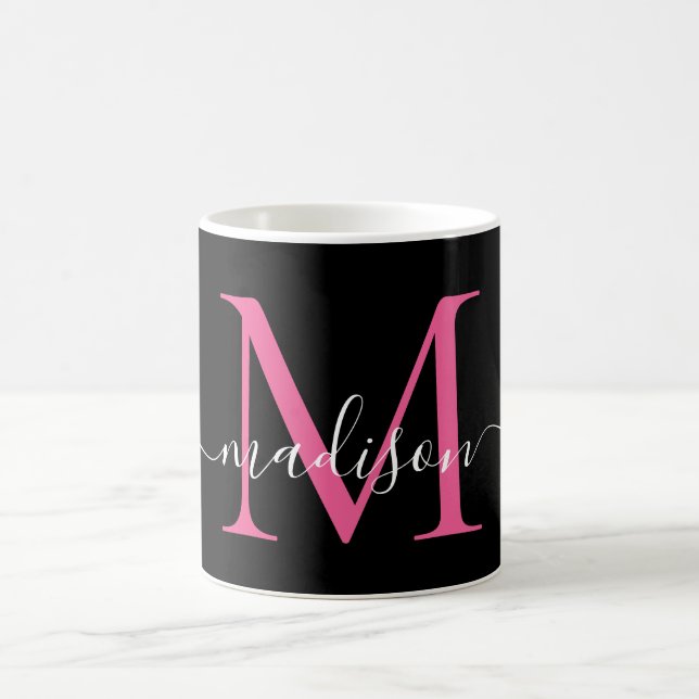 Girly Black Hot Pink Monogram Elegant Script Kaffeetasse (Mittel)