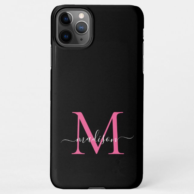 Girly Black Hot Pink Monogram Feminine Script Name iPhone Hülle (Rückseite)