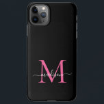 Girly Black Hot Pink Monogram Feminine Script Name iPhone 11Pro Max Hülle<br><div class="desc">Moderne Girly Black Hot Magenta Pink Monogram Feminine Script Name Handy Fall</div>