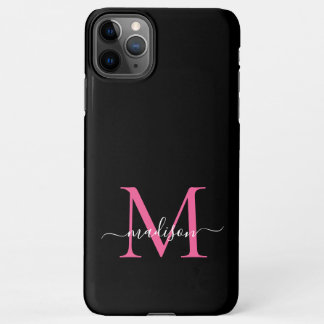 Girly Black Hot Pink Monogram Feminine Script Name iPhone 11Pro Max Hülle