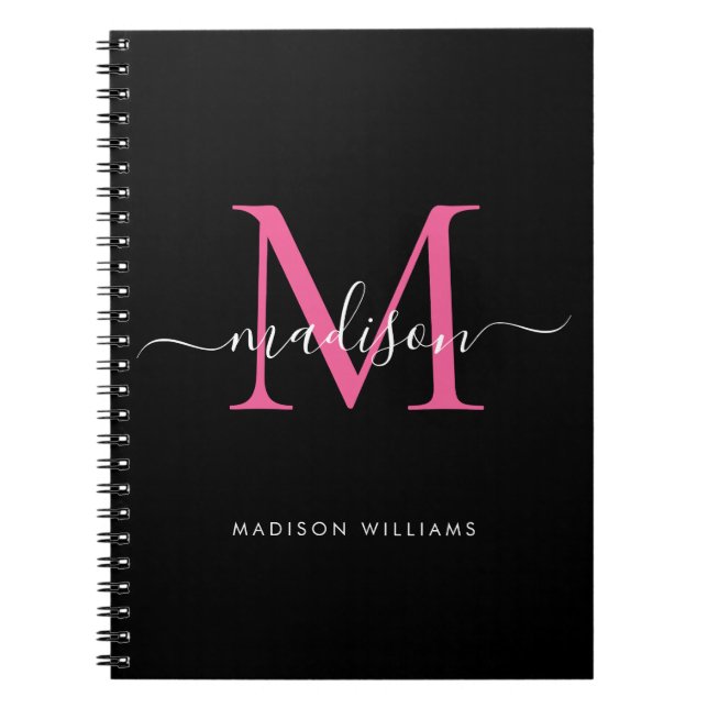 Girly Black Hot Pink Monogram Script Name Initial Notizblock (Vorderseite)