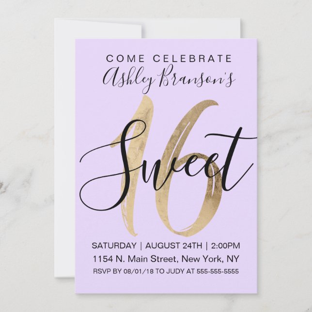 Girly Black Lila Gold Foil Sweet 16 Einladung (Vorderseite)