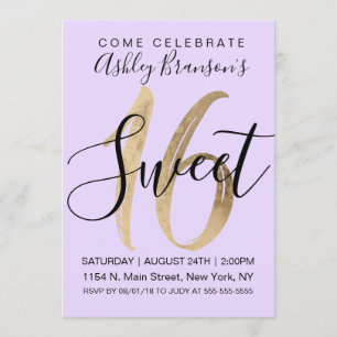 Girly Black Lila Gold Foil Sweet 16 Einladung