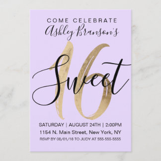 Girly Black Lila Gold Foil Sweet 16 Einladung