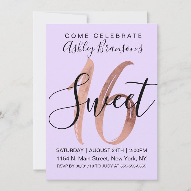 Girly Black Lila Rose Gold Foil Sweet 16 Einladung (Vorderseite)