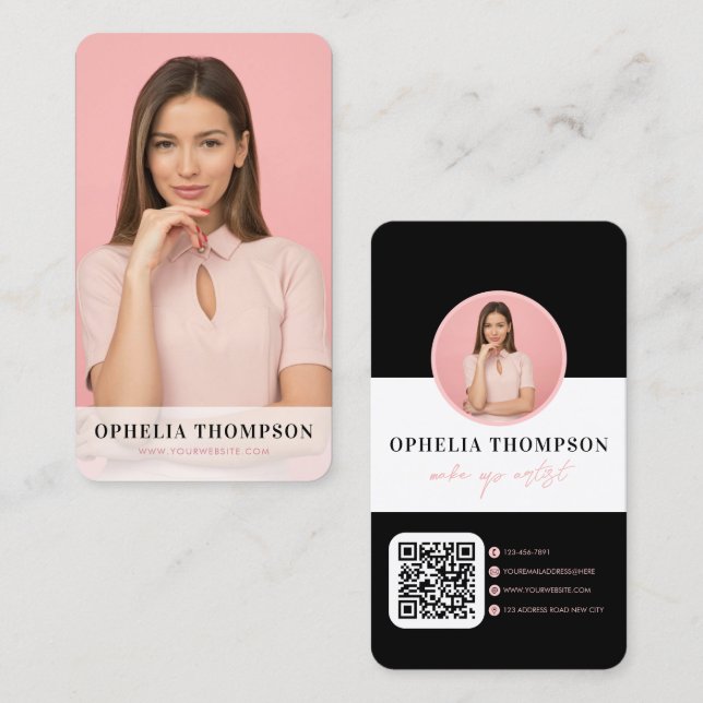 Girly Black Pink Typografy Script QR Code Visitenkarte (Vorne/Hinten)