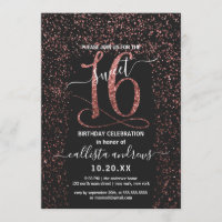 Girly Black Rose Gold Confetti Border Sweet 16