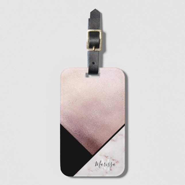 Girly Black & Rose Gold Marmor Abstrakt Monogram Gepäckanhänger (Vorderseite Vertikal)