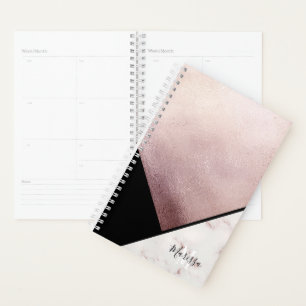 Girly Black & Rose Gold Marmor Abstrakt Monogram Planer