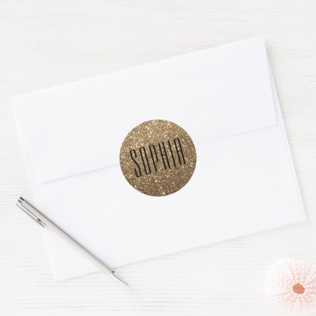 Girly Black und Gold Glitzer Name Niedlich Sparkle Runder Aufkleber (Umschlag)