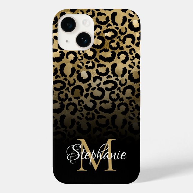 Girly Black und Gold Leopard Ombre Monogram Case-Mate iPhone 14 Hülle (Rückseite)