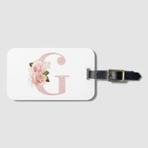 Girly Blassrosé Glitter-Monogramm mit floralem Mus Gepäckanhänger