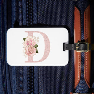 Girly Blassrosé-Gold-Glitter Blumenmonogramm D Gepäckanhänger
