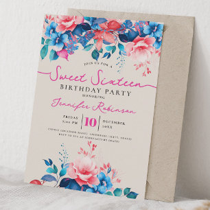 Girly Blau Rosa Blumig Sweet 16 Geburtstag Champag Einladung