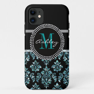 Girly blauer Glitzer-Schwarz-Damast personalisiert title_seo2