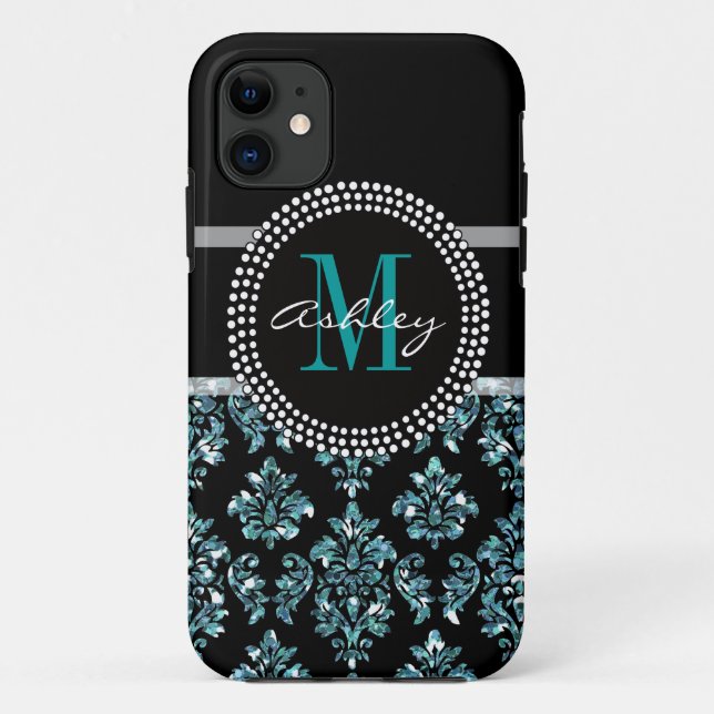 Girly blauer Glitzer-Schwarz-Damast personalisiert Case-Mate iPhone Hülle (Rückseite)