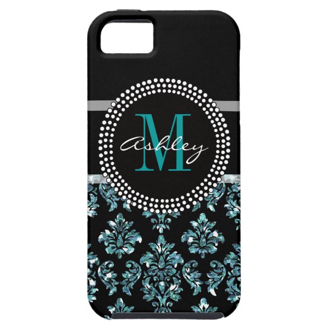 Girly blauer Glitzer-Schwarz-Damast personalisiert Case-Mate iPhone Hülle (Rückseite)
