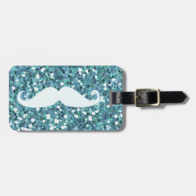 GIRLY BLAUER WEISSER SCHNURRBART DRUCKGlitzer Gepäckanhänger (Vorderseite horizontal)