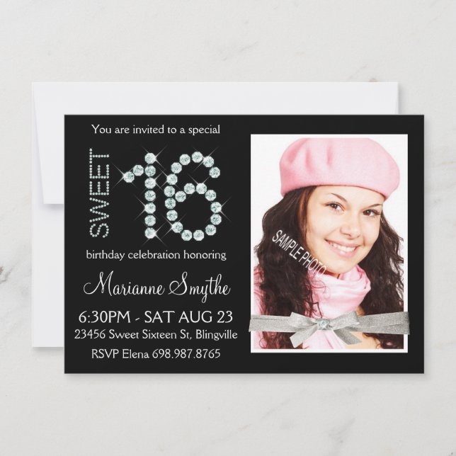 Girly Bling Diamond und Silver Glitzer Sweet 16 Einladung (Vorderseite)
