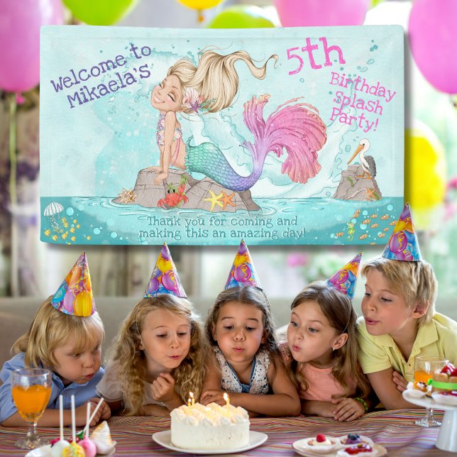 Girly Blonde Turquoise Pink Mermaid Birthday Banner (Von Creator hochgeladen)